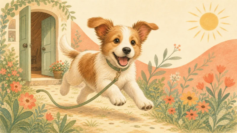 玄関を出て歩きだす犬と飼い主のイラスト