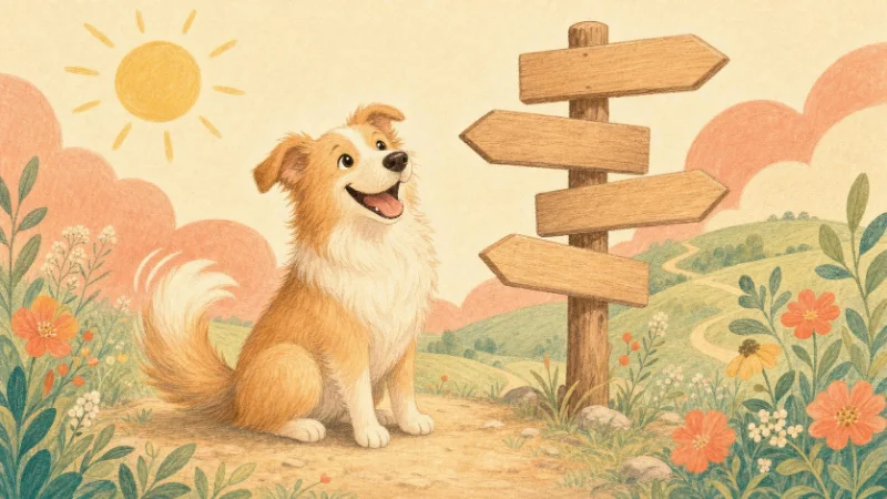 道しるべの立つ分かれ道と犬のイラスト