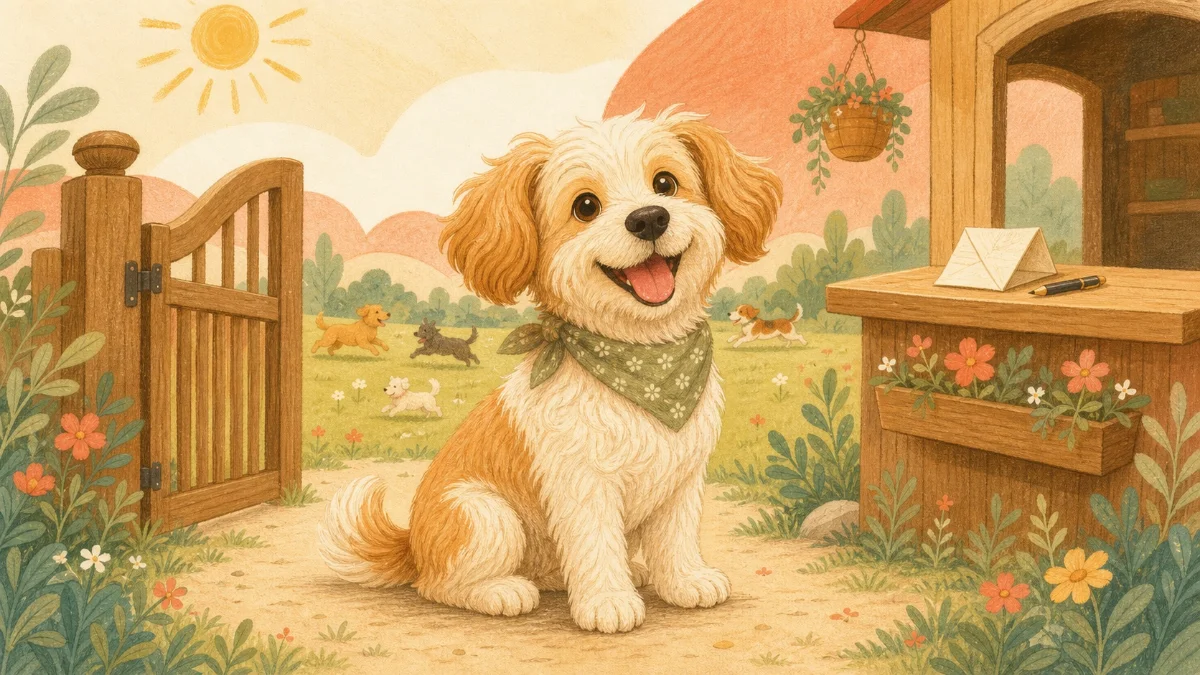 木の受付小屋があるドッグランの入口で、楽しそうに待つ犬のイラスト