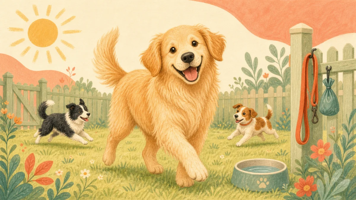 柵の中で遊ぶ犬たちと、柵に掛けられたリード・うんち袋・水入れのイラスト