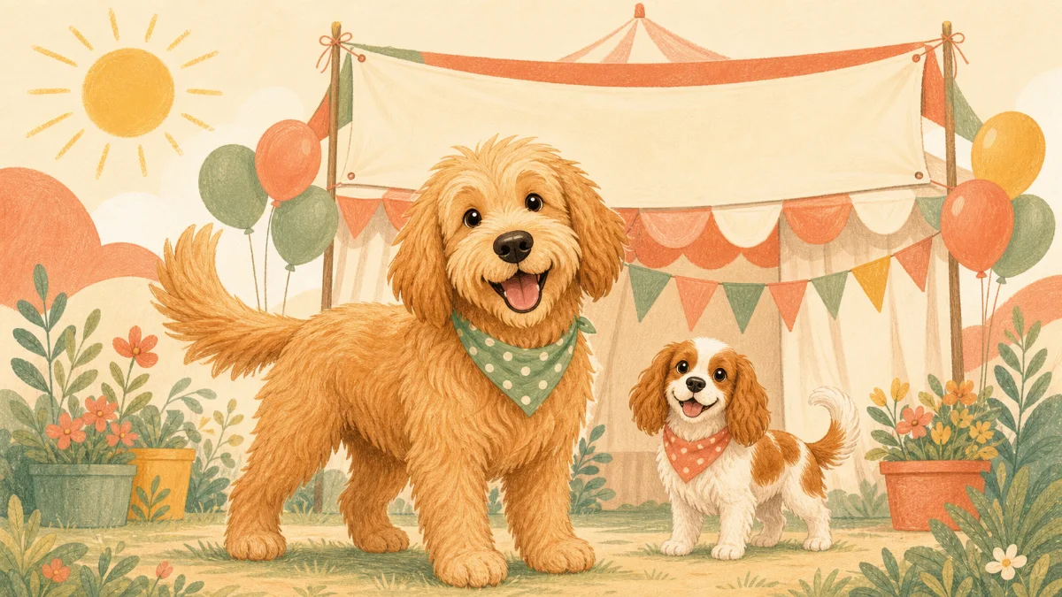旗と風船で飾られた犬イベントの受付テント前で、楽しそうに待つ2頭の犬のイラスト