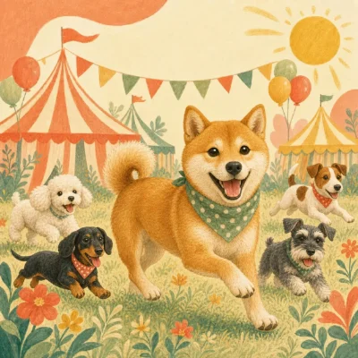 テントと旗が並ぶ犬のお祭りで、柴犬やさまざまな犬種が走るイラスト