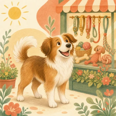 犬グッズ店のショーウィンドウをのぞく犬のイラスト