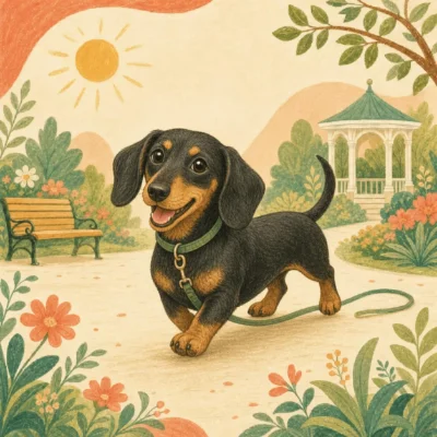 公園の道をリードで歩く黒タンのダックスフンドのイラスト