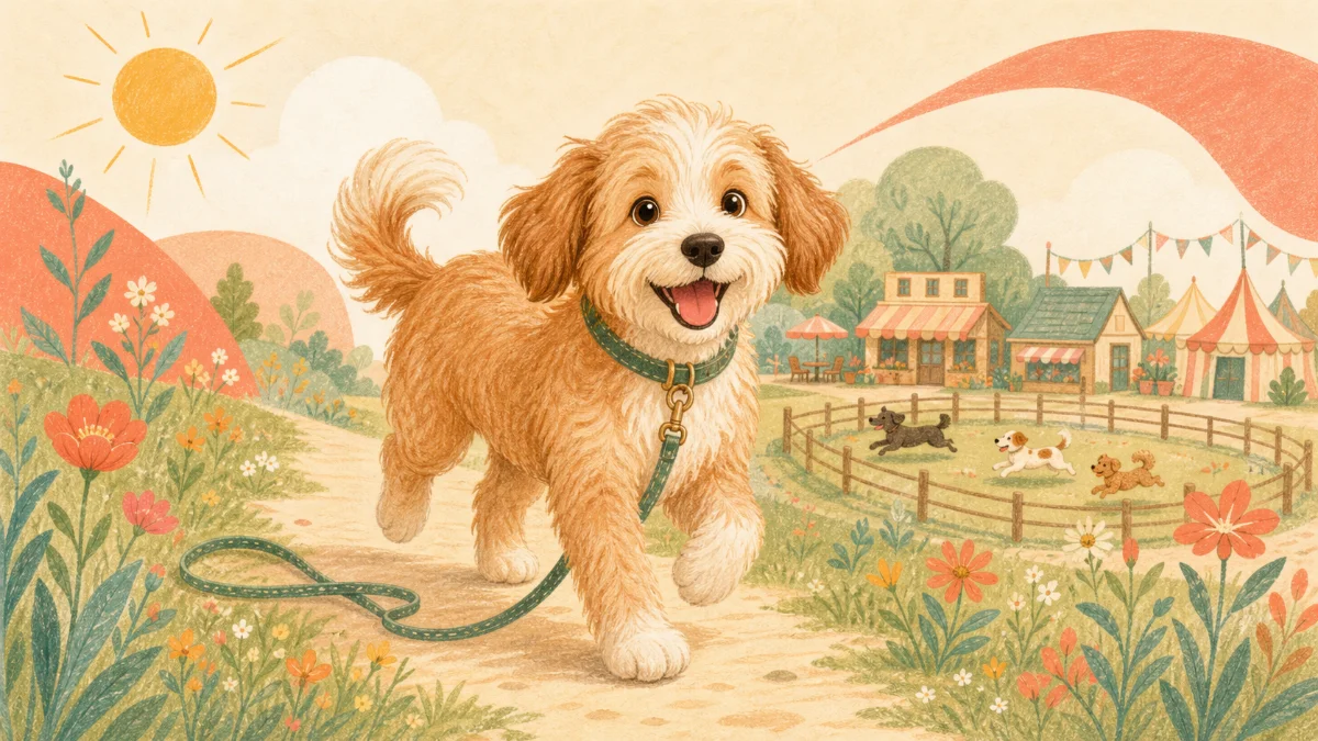 犬とおでかけする人の先に、ドッグラン・カフェ・お店・イベント会場が見える丘の道のイラスト